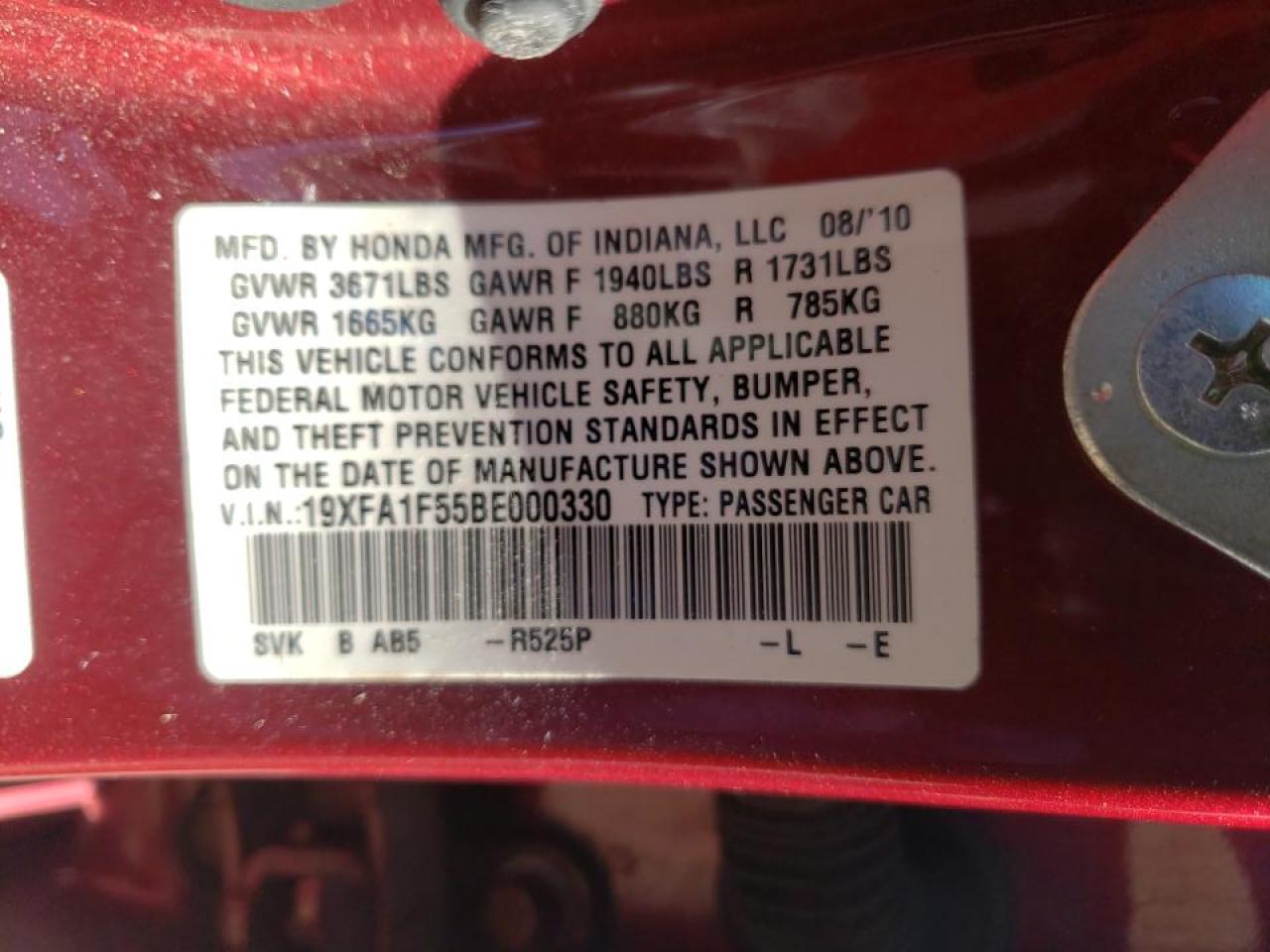 Photo 10 from auction – 2011 HONDA CIVIC LX with VIN 19XFA1F55BE000330
