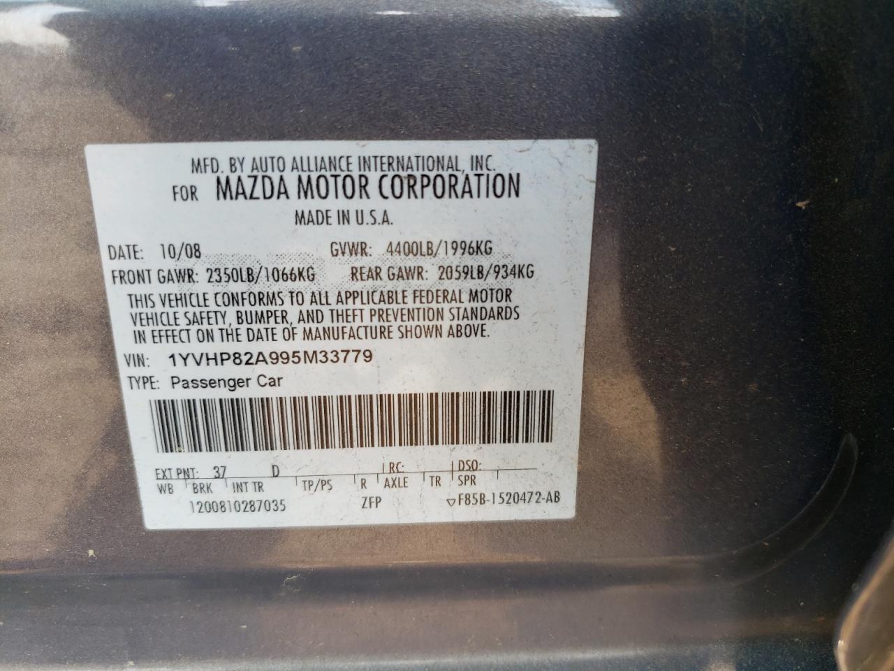 Photo 10 from auction – 2009 MAZDA 6 I with VIN 1YVHP82A995M33779