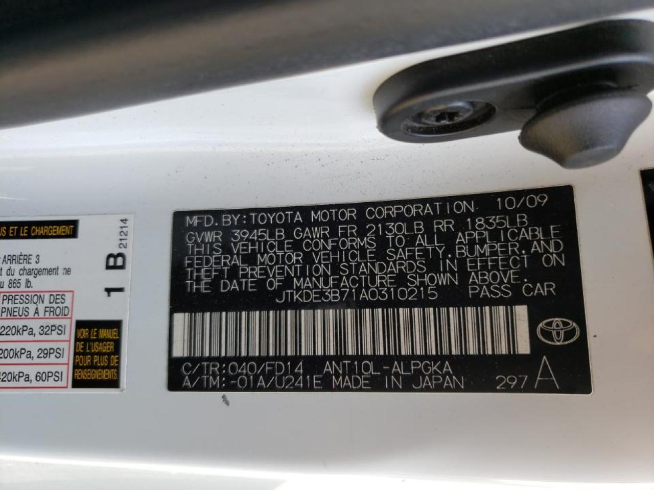 Photo 10 from auction – 2010 TOYOTA SCION TC with VIN JTKDE3B71A0310215