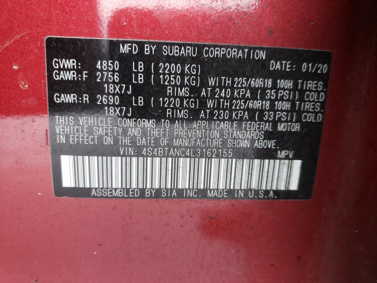 Photo 10 from auction – 2020 SUBARU OUTBACK LI with VIN 4S4BTANC4L3162155