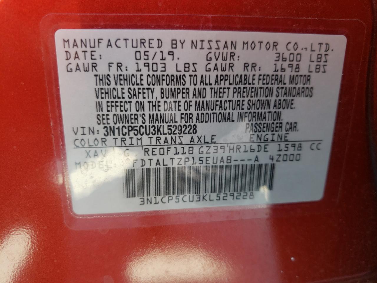 Photo 10 from auction – 2019 NISSAN KICKS S with VIN 3N1CP5CU3KL529228