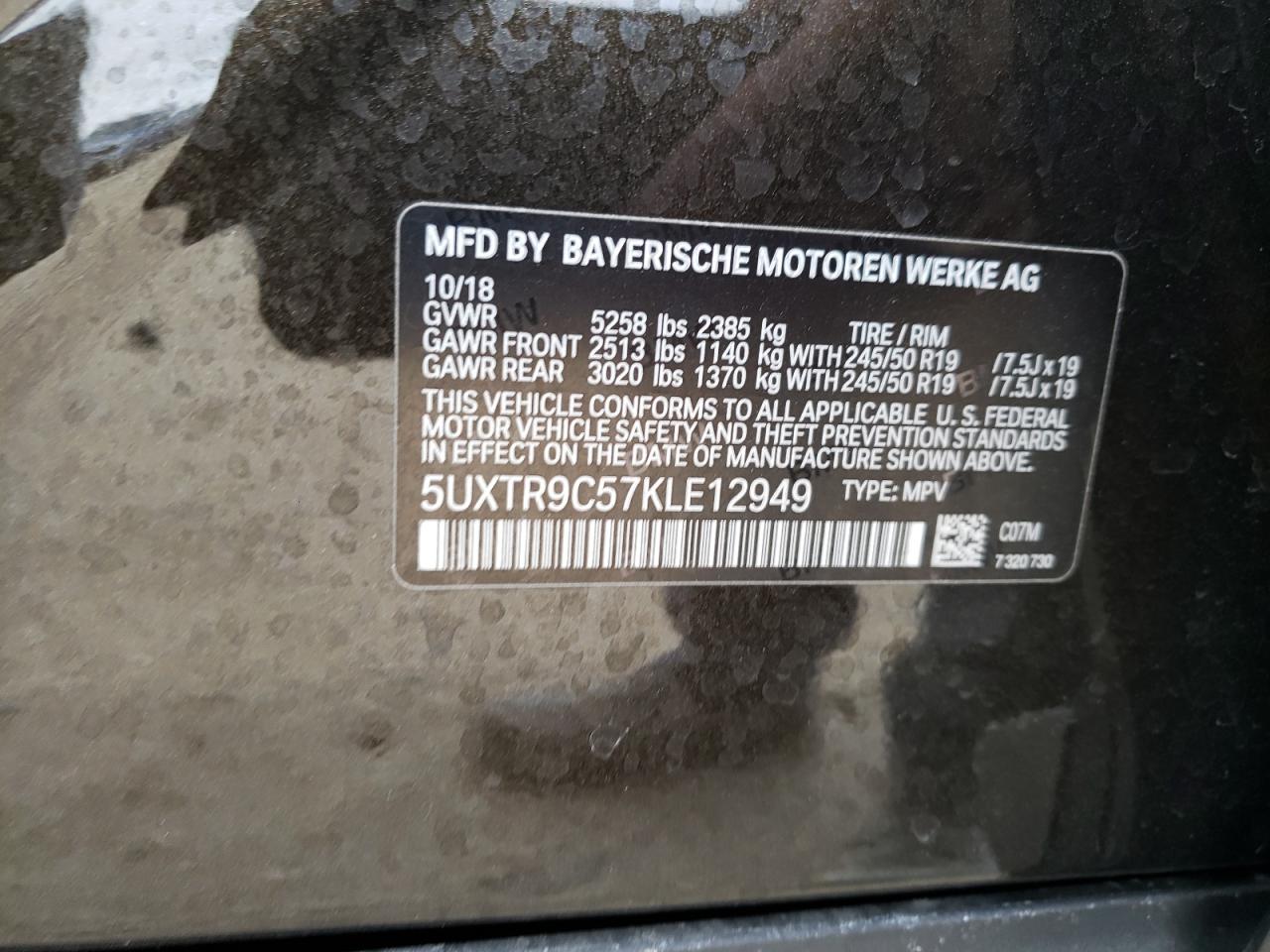 Photo 10 from auction – 2019 BMW X3 XDRIVE3 with VIN 5UXTR9C57KLE12949