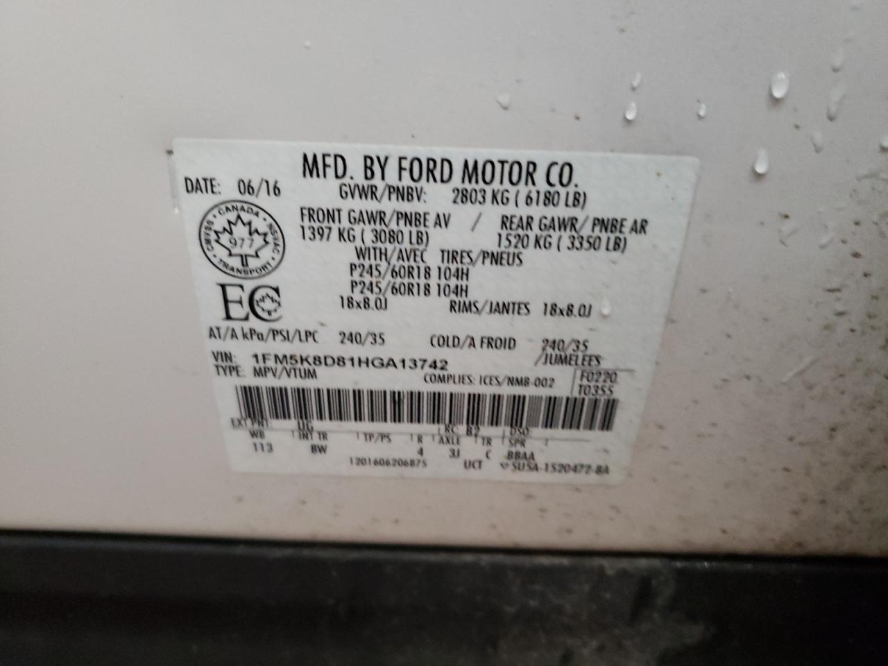 Photo 10 from auction – 2017 FORD EXPLORER X with VIN 1FM5K8D81HGA13742