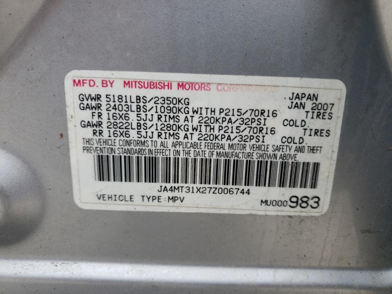 Photo 10 from auction – 2007 MITSUBISHI OUTLANDER with VIN JA4MT31X27Z006744