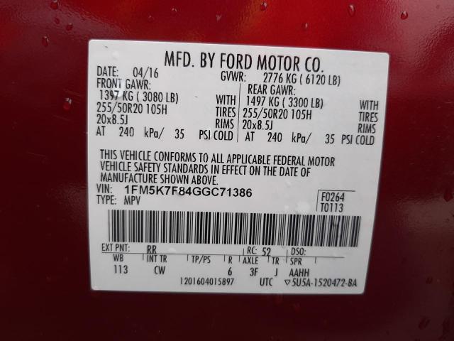Photo 10 from auction – 2016 FORD EXPLORER L with VIN 1FM5K7F84GGC71386