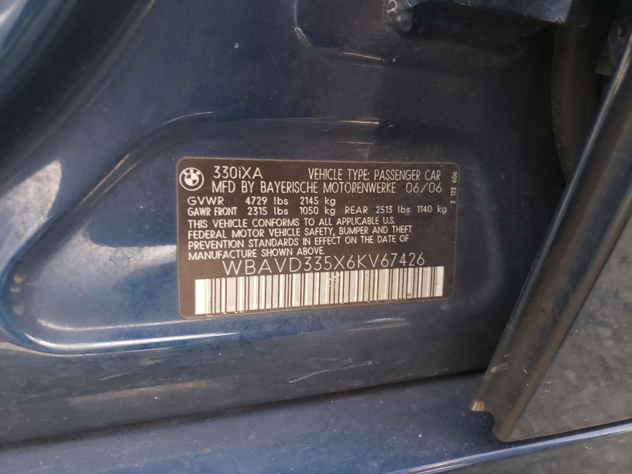 Photo 10 from auction – 2006 BMW 330 XI with VIN WBAVD335X6KV67426