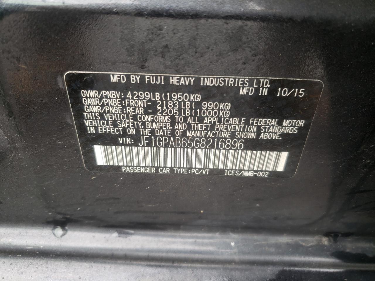 Photo 10 from auction – 2016 SUBARU IMPREZA PR with VIN JF1GPAB65G8216896