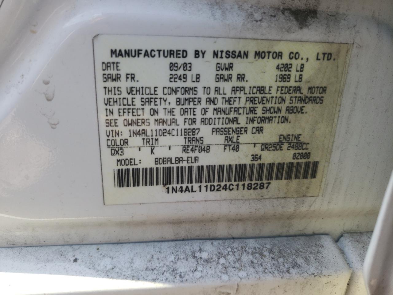 Photo 10 from auction – 2004 NISSAN ALTIMA BAS with VIN 1N4AL11D24C118287