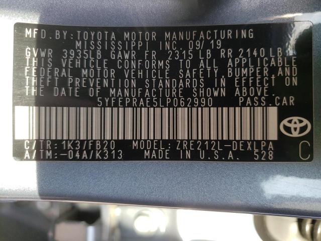 Photo 10 from auction – 2020 TOYOTA COROLLA LE with VIN 5YFEPRAE5LP062990
