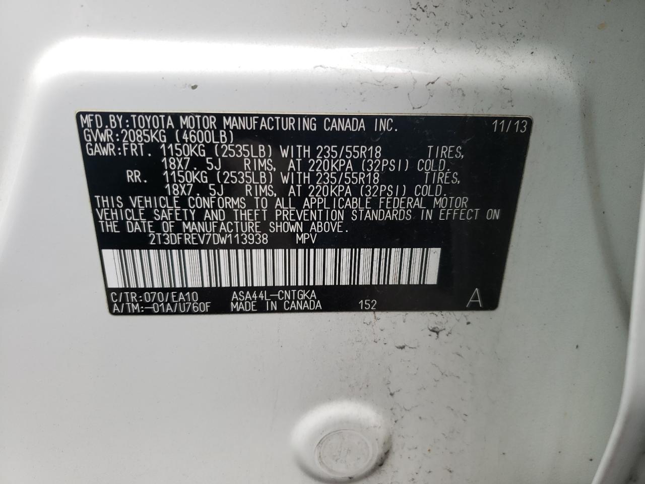 Photo 10 from auction – 2013 TOYOTA RAV4 LIMIT with VIN 2T3DFREV7DW113938