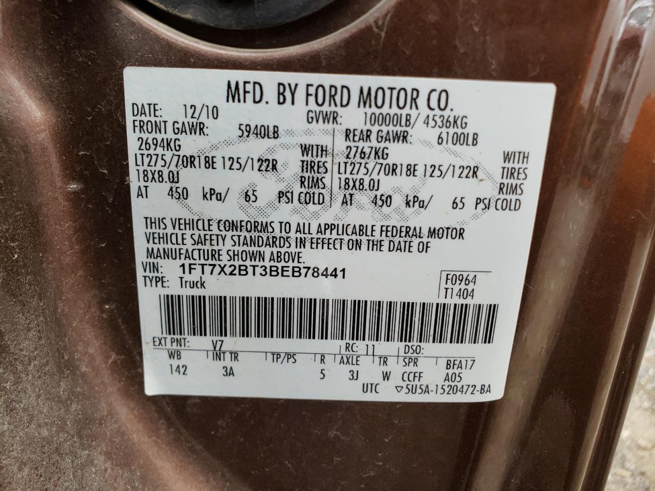 Photo 10 from auction – 2011 FORD F250 SUPER with VIN 1FT7X2BT3BEB78441