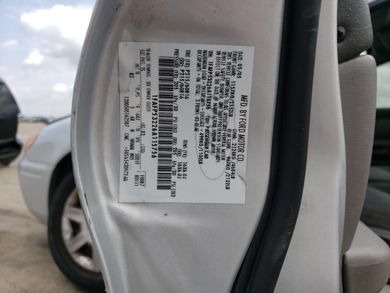 Photo 10 from auction – 2006 FORD TAURUS SE with VIN 1FAFP53226A115756