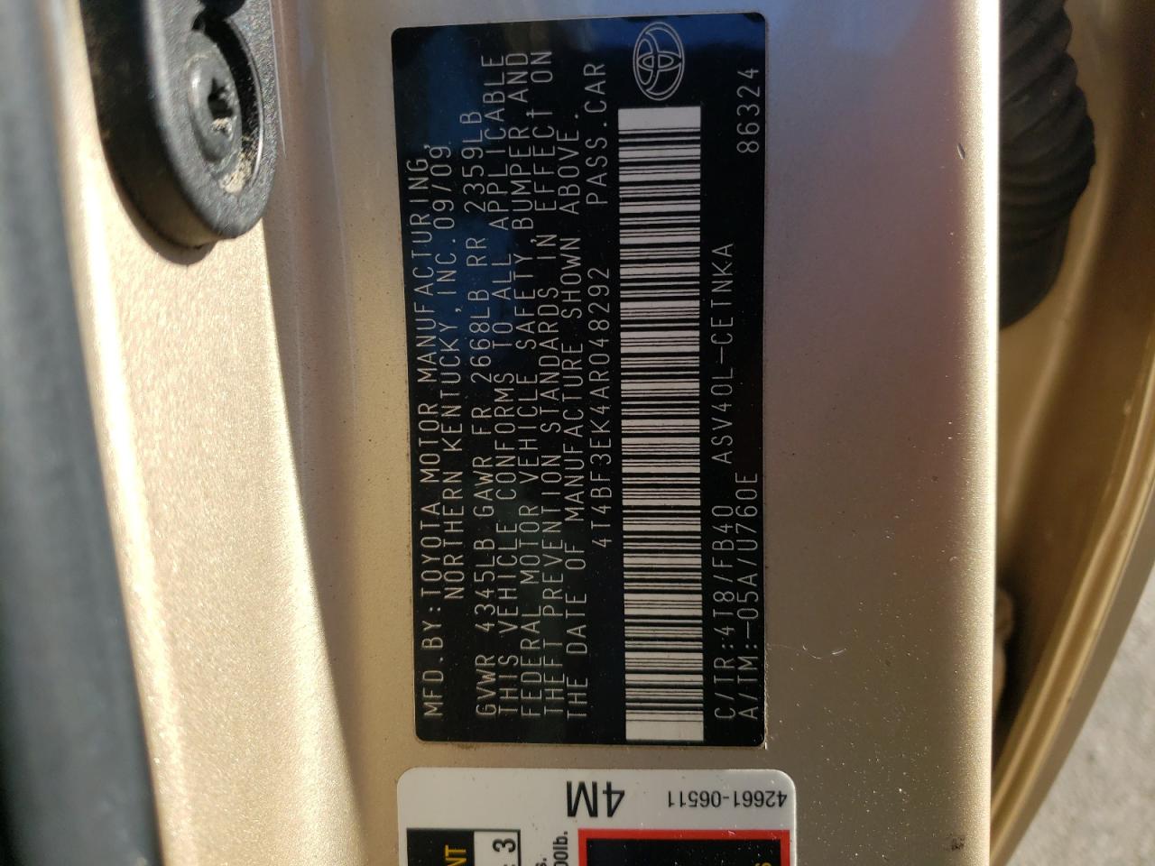 Photo 10 from auction – 2010 TOYOTA CAMRY BASE with VIN 4T4BF3EK4AR048292