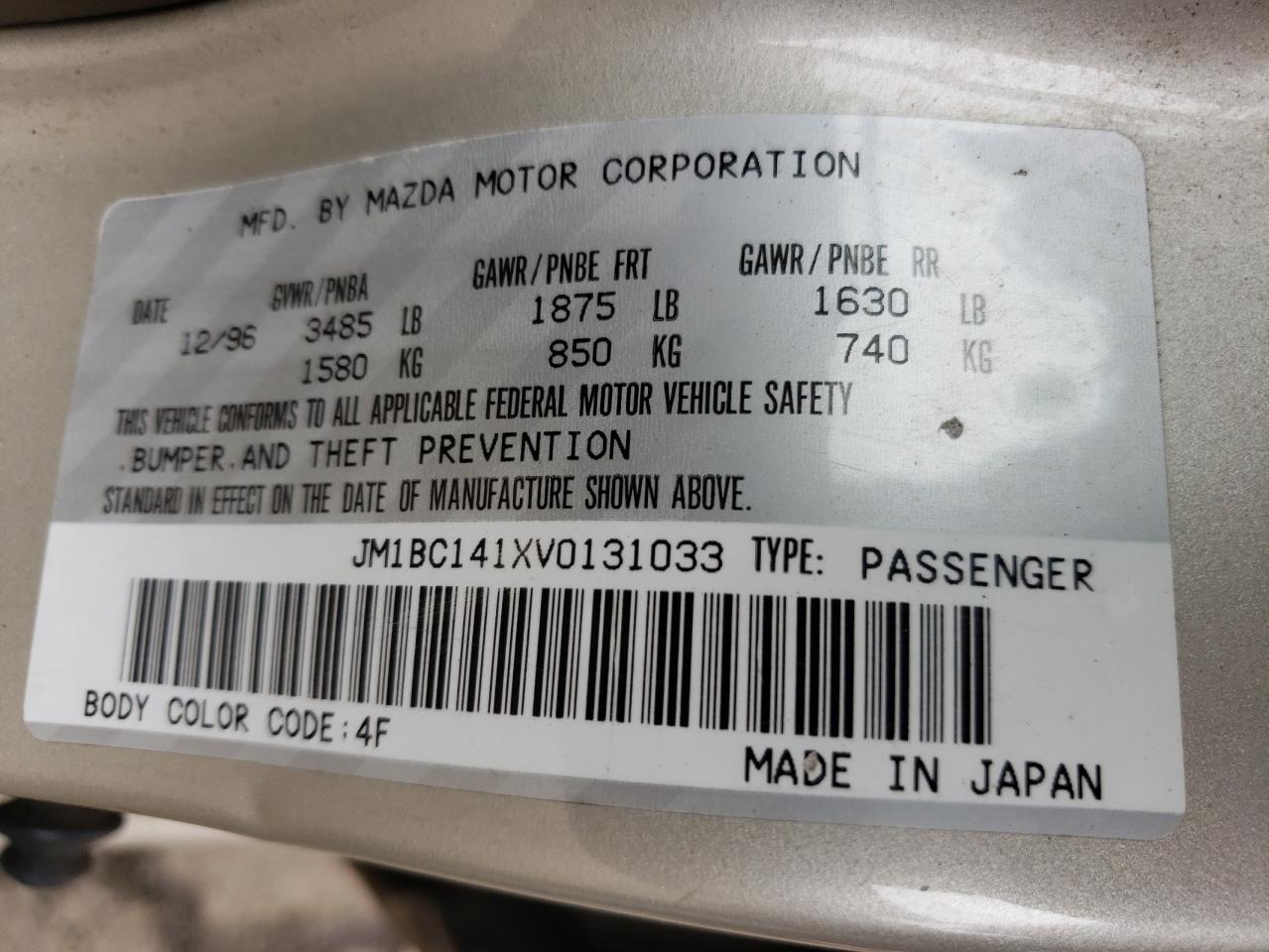 Photo 10 from auction – 1997 MAZDA PROTEGE DX with VIN JM1BC141XV0131033