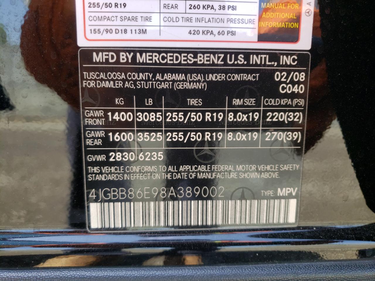 Photo 10 from auction – 2008 MERCEDES-BENZ ML 350 with VIN 4JGBB86E98A389002