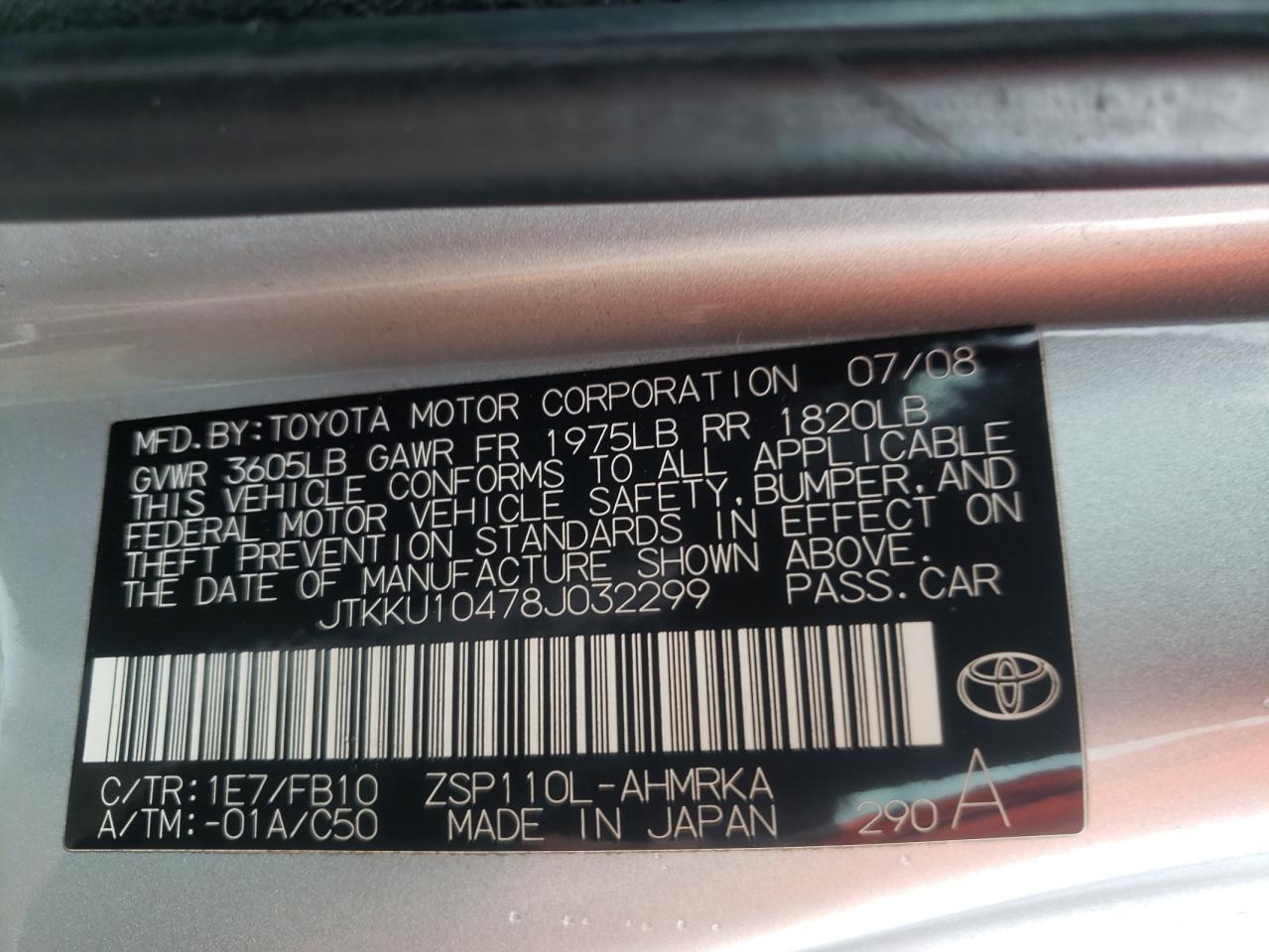Photo 10 from auction – 2008 TOYOTA SCION XD with VIN JTKKU10478J032299