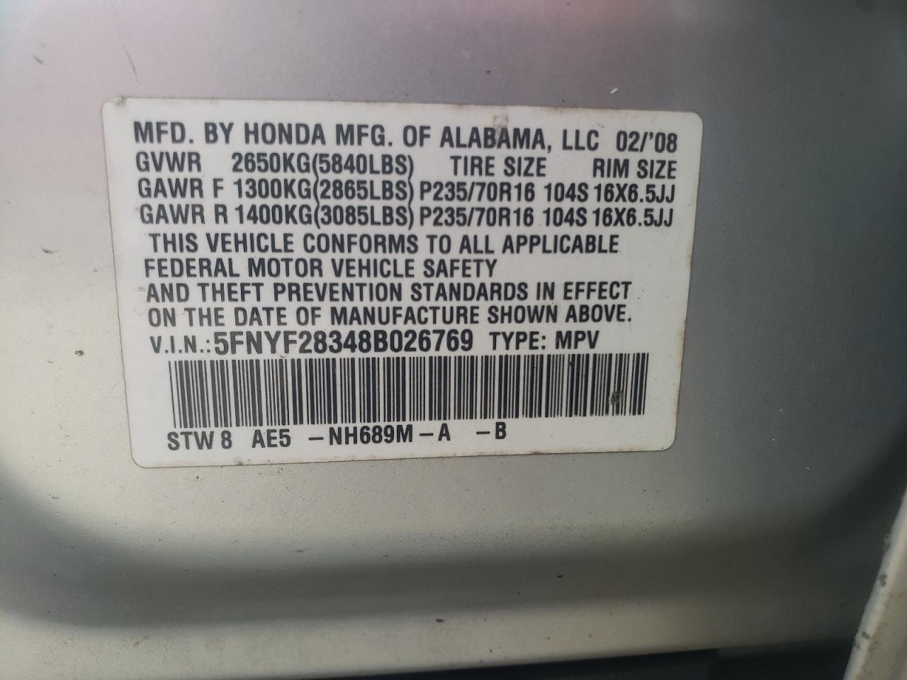Photo 10 from auction – 2008 HONDA PILOT SE with VIN 5FNYF28348B026769