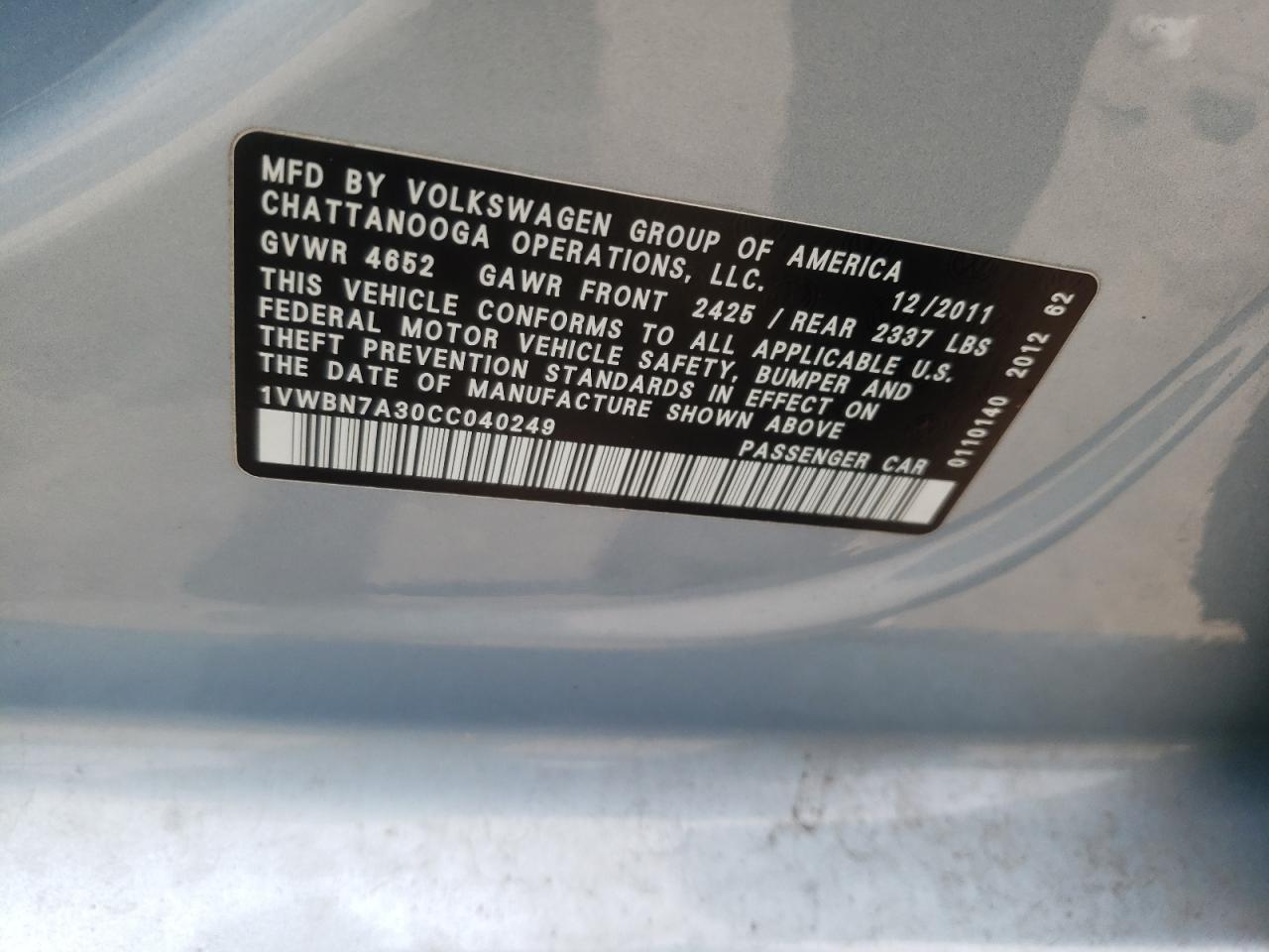 Photo 10 from auction – 2012 VOLKSWAGEN PASSAT SE with VIN 1VWBN7A30CC040249