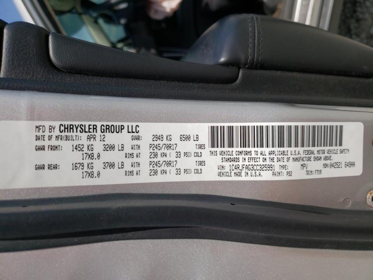 Photo 10 from auction – 2012 JEEP GRAND CHER with VIN 1C4RJFAG3CC325991
