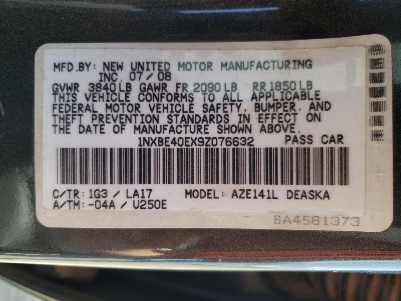 Photo 10 from auction – 2009 TOYOTA COROLLA with VIN 1NXBE40EX9Z076632