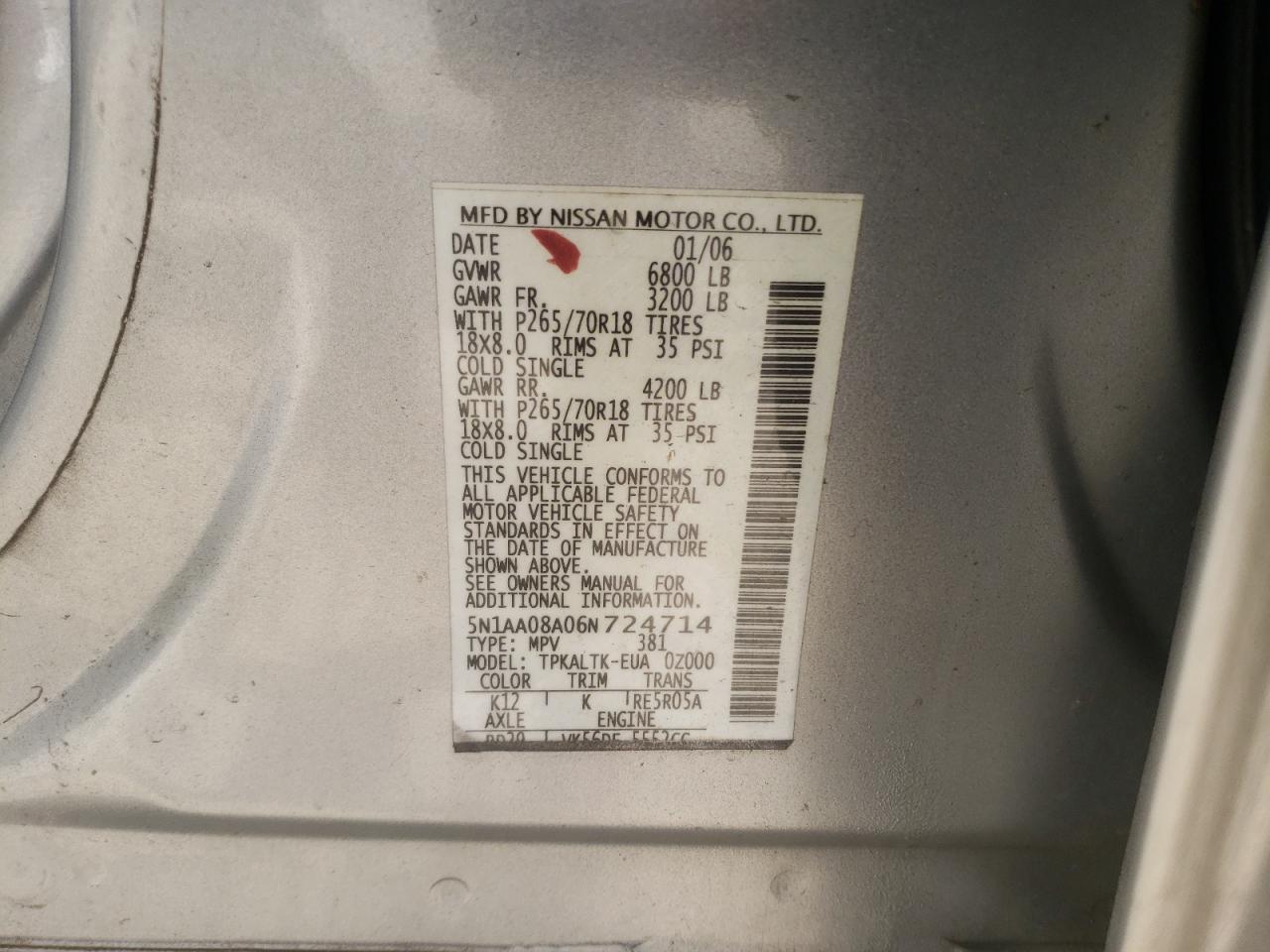 Photo 10 from auction – 2006 NISSAN ARMADA SE with VIN 5N1AA08A06N724714