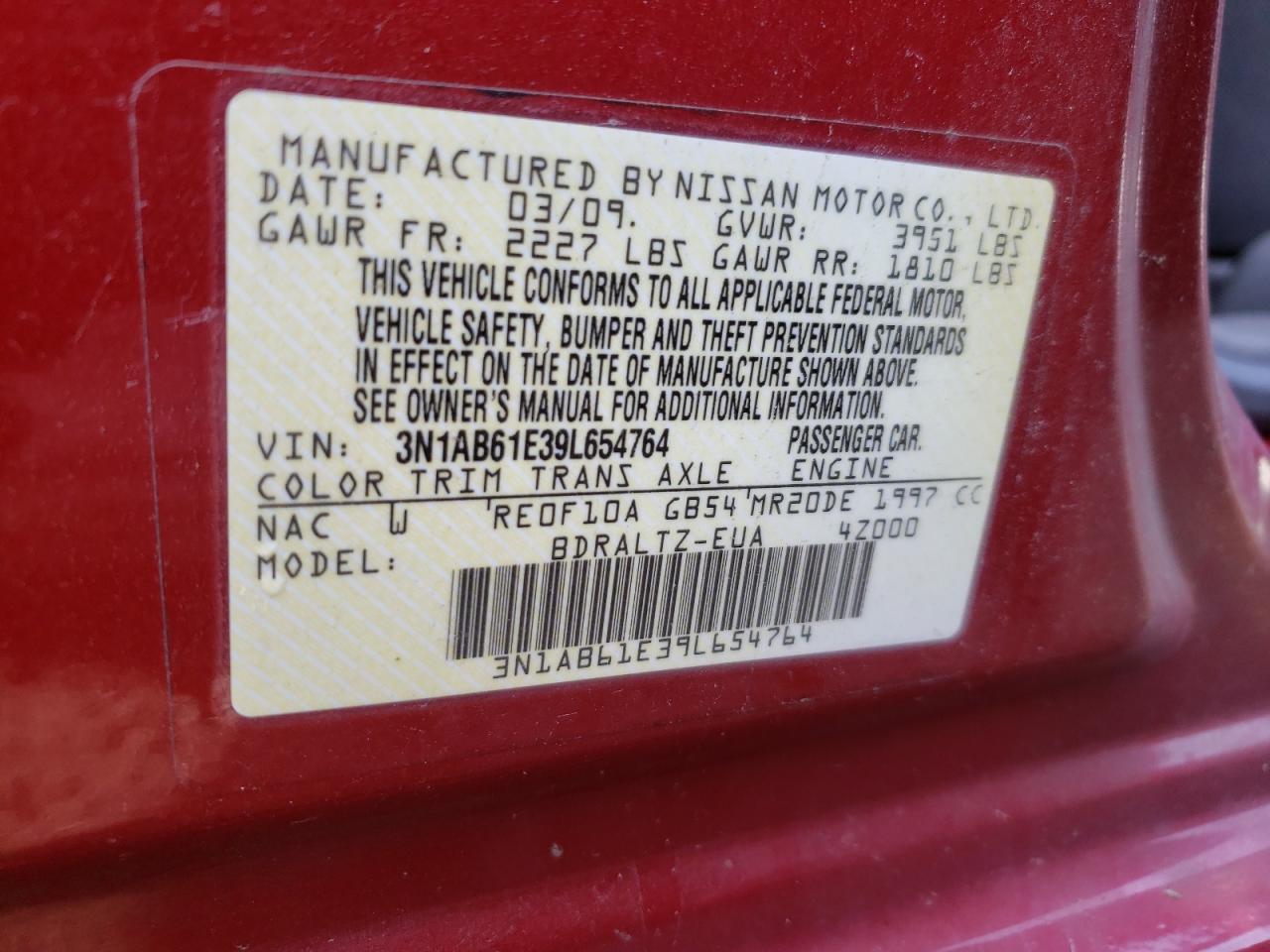 Photo 10 from auction – 2009 NISSAN SENTRA 2.0 with VIN 3N1AB61E39L654764