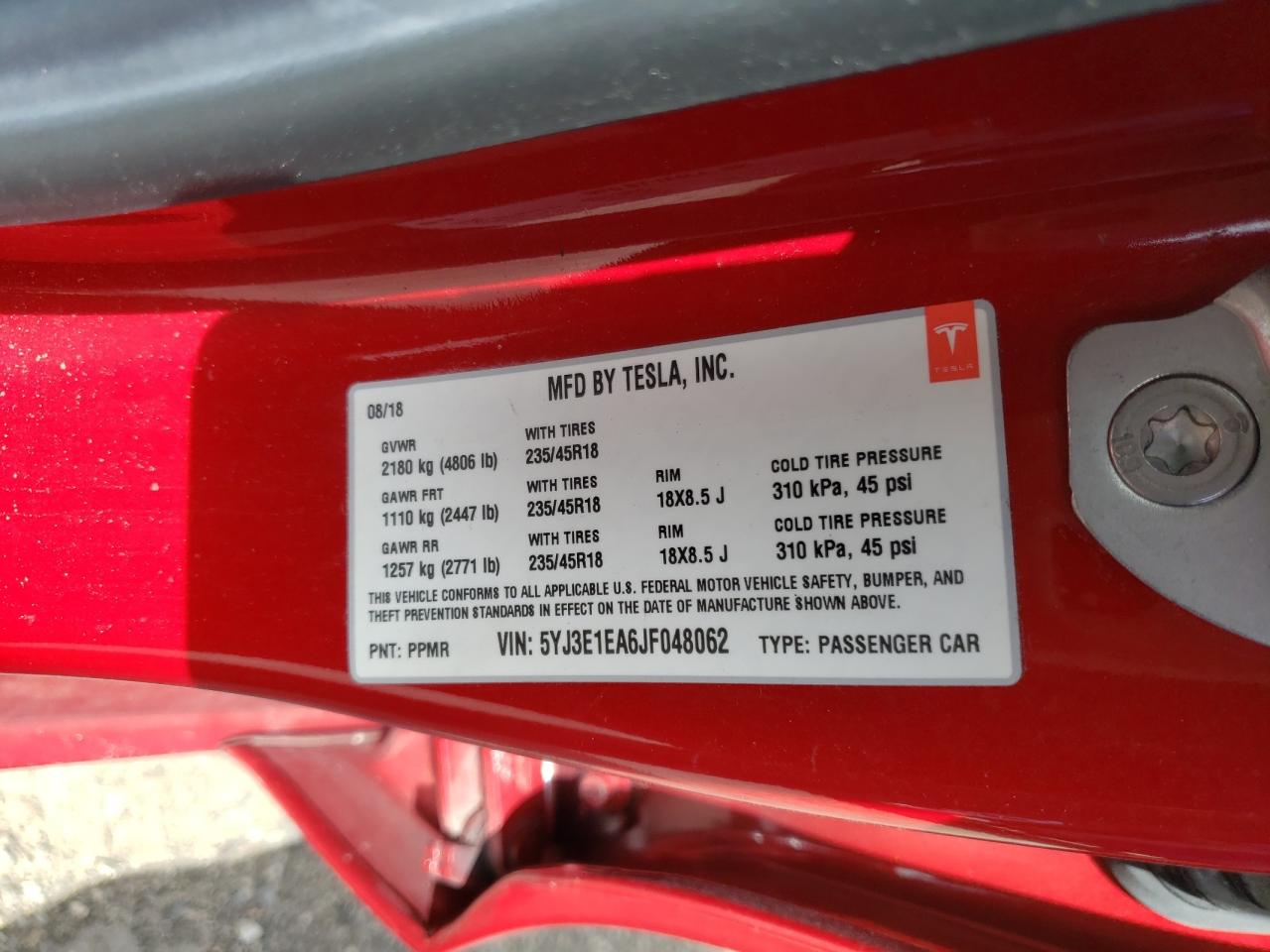 Photo 10 from auction – 2018 TESLA MODEL 3 with VIN 5YJ3E1EA6JF048062