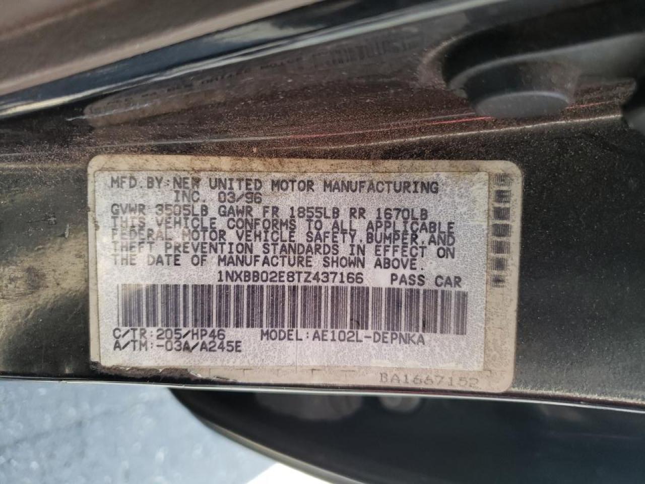 Photo 10 from auction – 1996 TOYOTA COROLLA with VIN 1NXBB02E8TZ437166