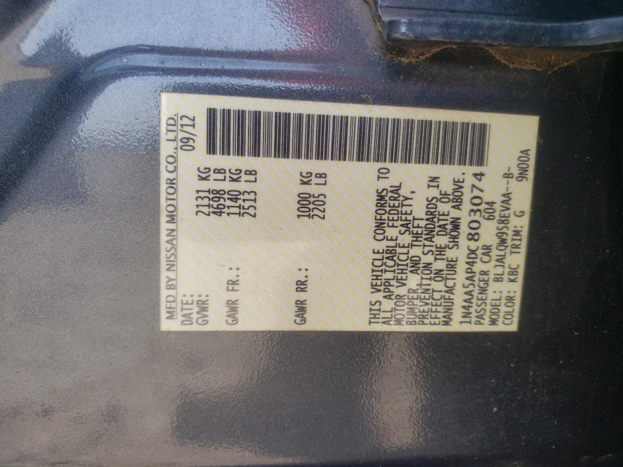 Photo 10 from auction – 2013 NISSAN MAXIMA S with VIN 1N4AA5AP4DC803074