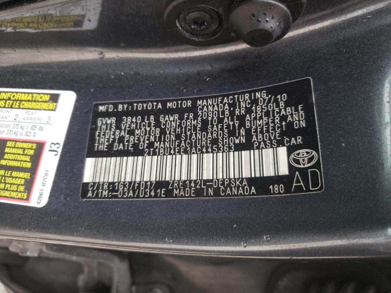 Photo 10 from auction – 2010 TOYOTA COROLLA BA with VIN 2T1BU4EE1AC445363
