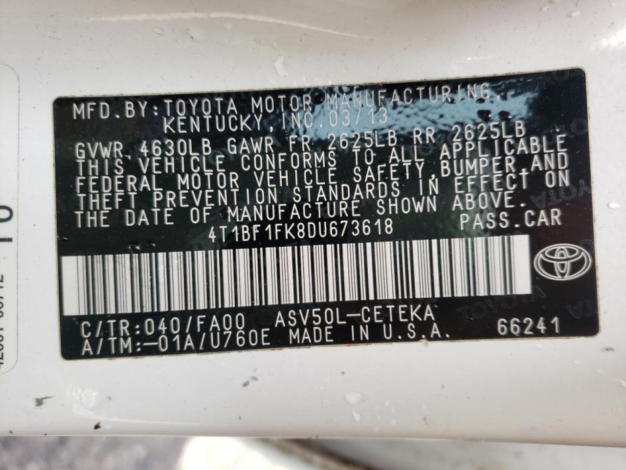 Photo 10 from auction – 2013 TOYOTA CAMRY L with VIN 4T1BF1FK8DU673618