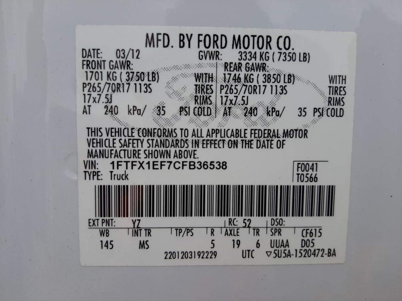 Photo 10 from auction – 2012 FORD F150 SUPER with VIN 1FTFX1EF7CFB36538