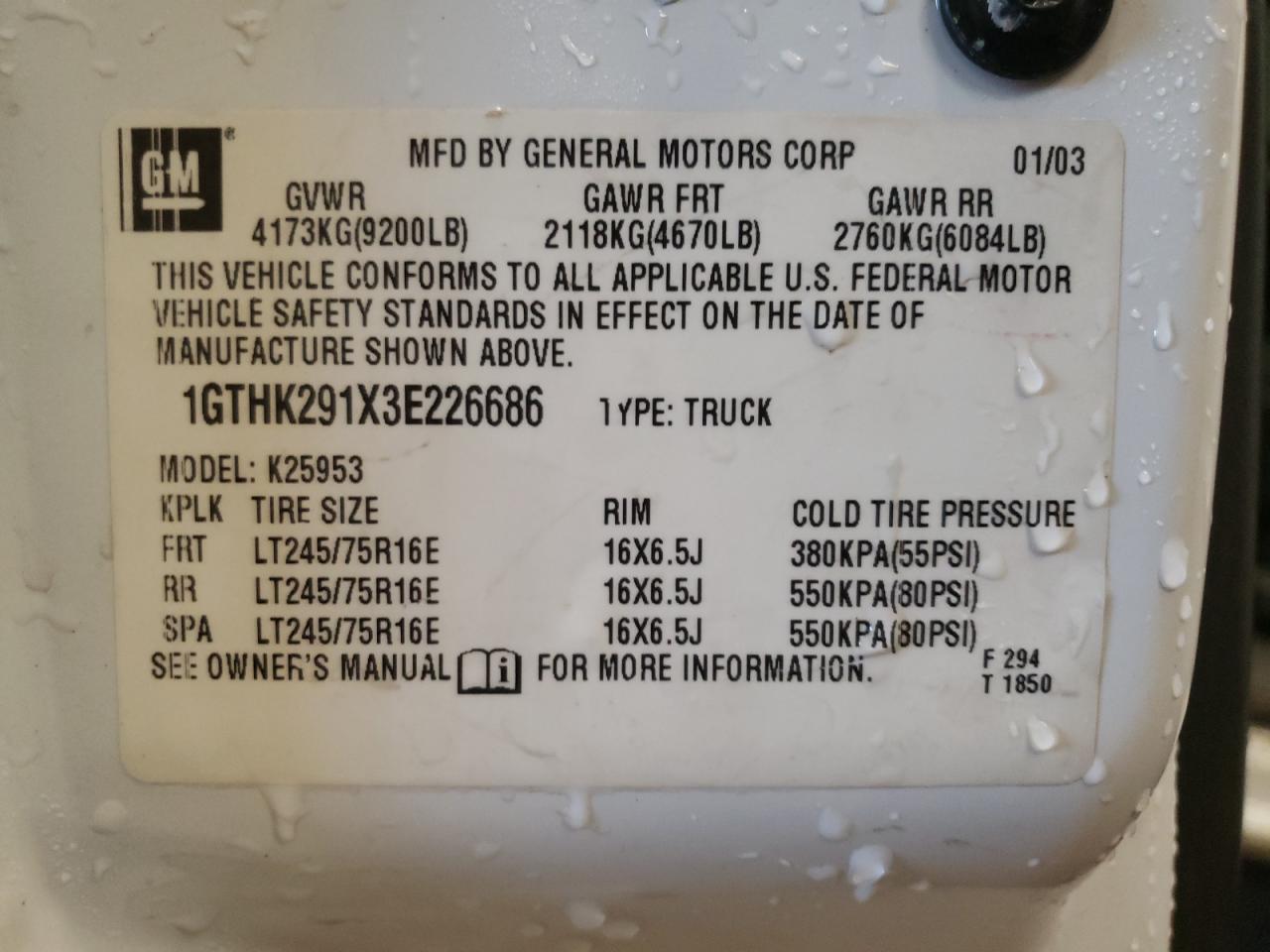 Photo 10 from auction – 2003 GMC SIERRA K25 with VIN 1GTHK291X3E226686