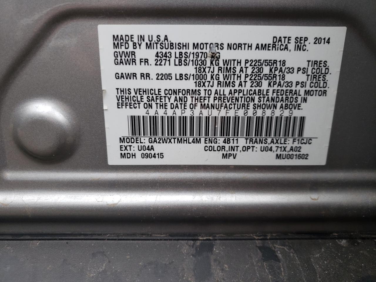 Photo 10 from auction – 2015 MITSUBISHI OUTLANDER with VIN 4A4AP3AU7FE008829