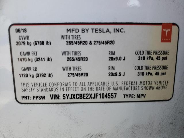 Photo 10 from auction – 2018 TESLA MODEL X with VIN 5YJXCBE2XJF104557