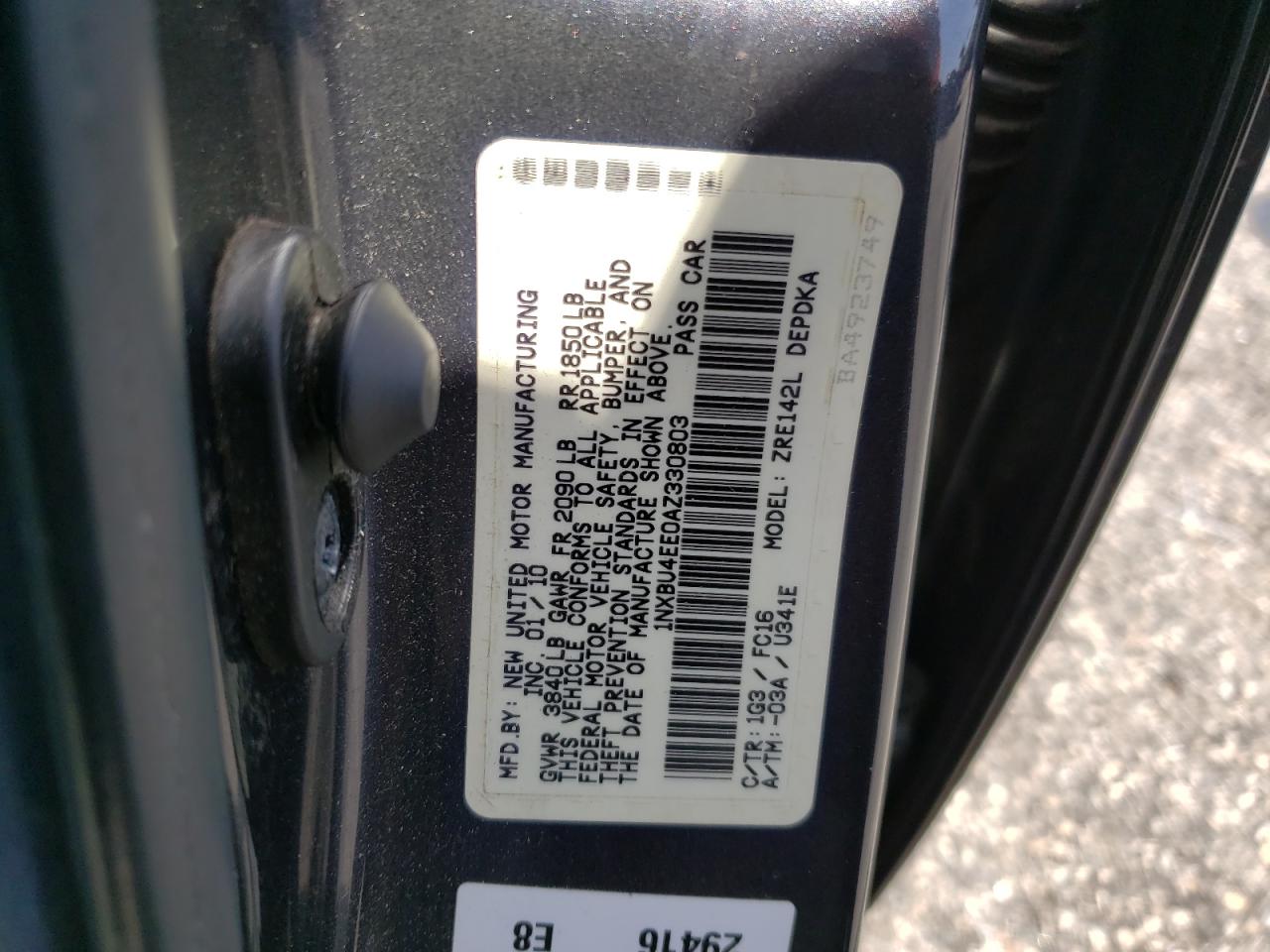 Photo 10 from auction – 2010 TOYOTA COROLLA BA with VIN 1NXBU4EE0AZ330803
