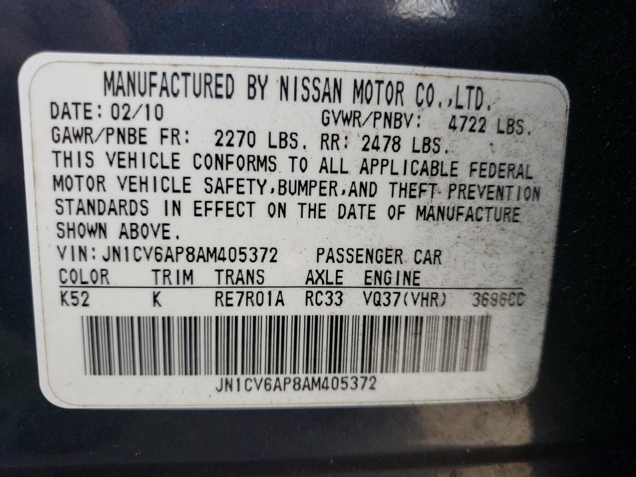 Photo 10 from auction – 2010 INFINITI G37 BASE with VIN JN1CV6AP8AM405372
