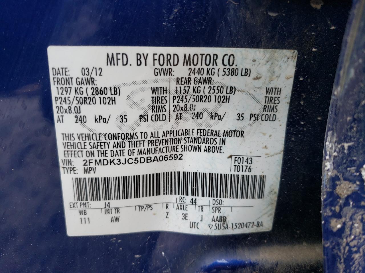 Photo 10 from auction – 2013 FORD EDGE SEL with VIN 2FMDK3JC5DBA06592