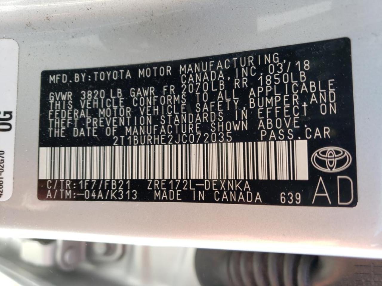 Photo 10 from auction – 2018 TOYOTA COROLLA L with VIN 2T1BURHE2JC072035