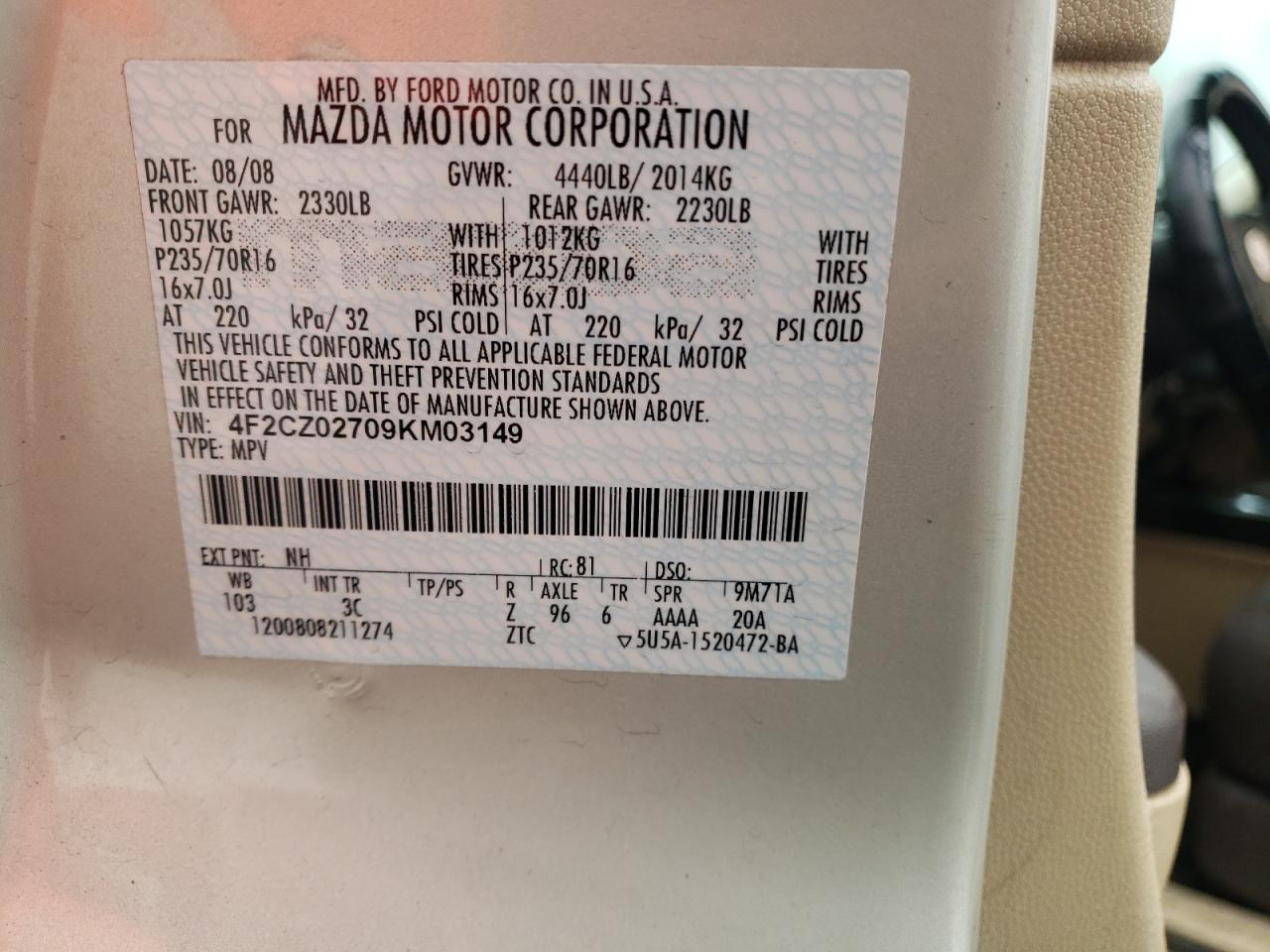 Photo 10 from auction – 2009 MAZDA TRIBUTE I with VIN 4F2CZ02709KM03149
