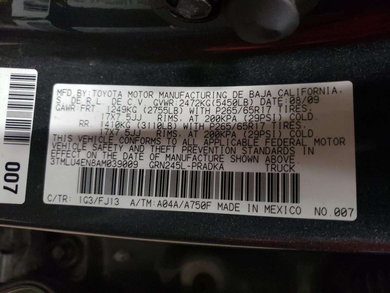 Photo 10 from auction – 2010 TOYOTA TACOMA DOU with VIN 3TMLU4EN8AM039009