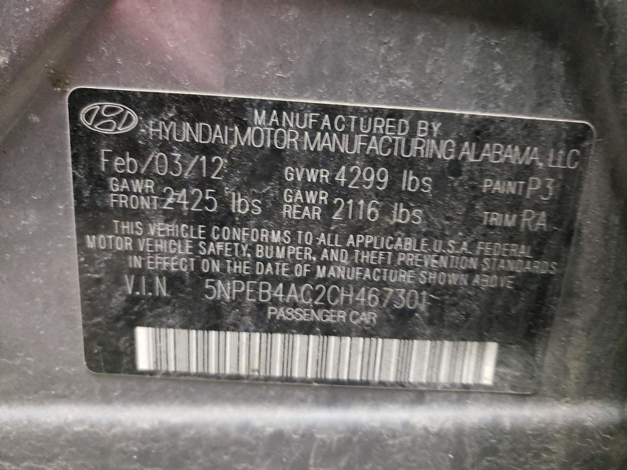 Photo 10 from auction – 2012 HYUNDAI SONATA GLS with VIN 5NPEB4AC2CH467301