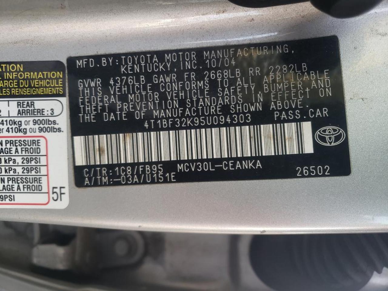 Photo 10 from auction – 2005 TOYOTA CAMRY LE with VIN 4T1BF32K95U094303