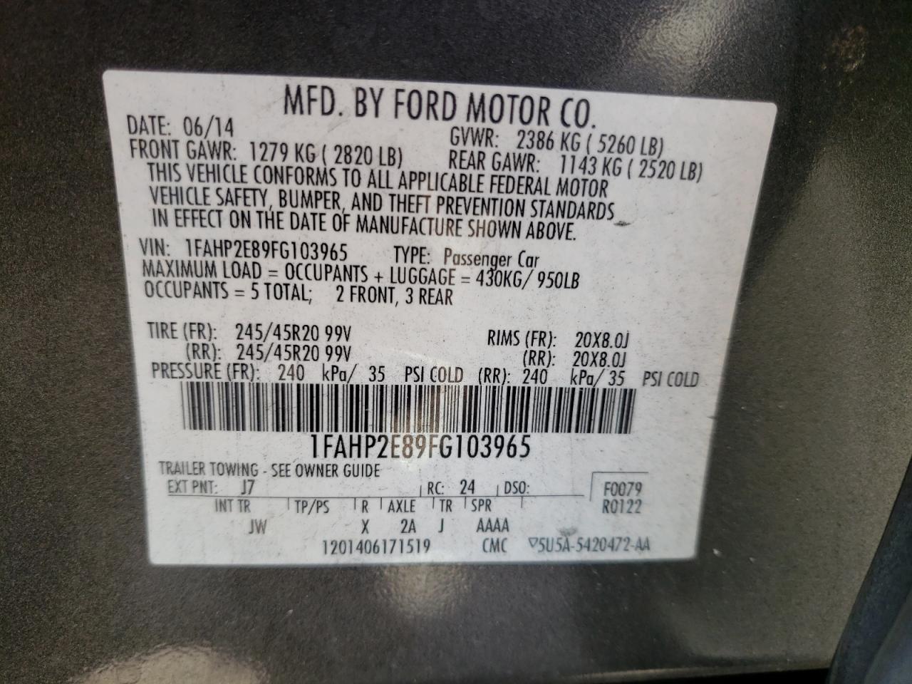 Photo 10 from auction – 2015 FORD TAURUS SEL with VIN 1FAHP2E89FG103965