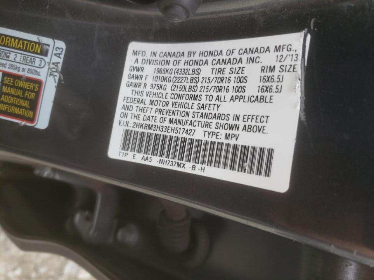 Photo 10 from auction – 2014 HONDA CR-V LX with VIN 2HKRM3H33EH517427