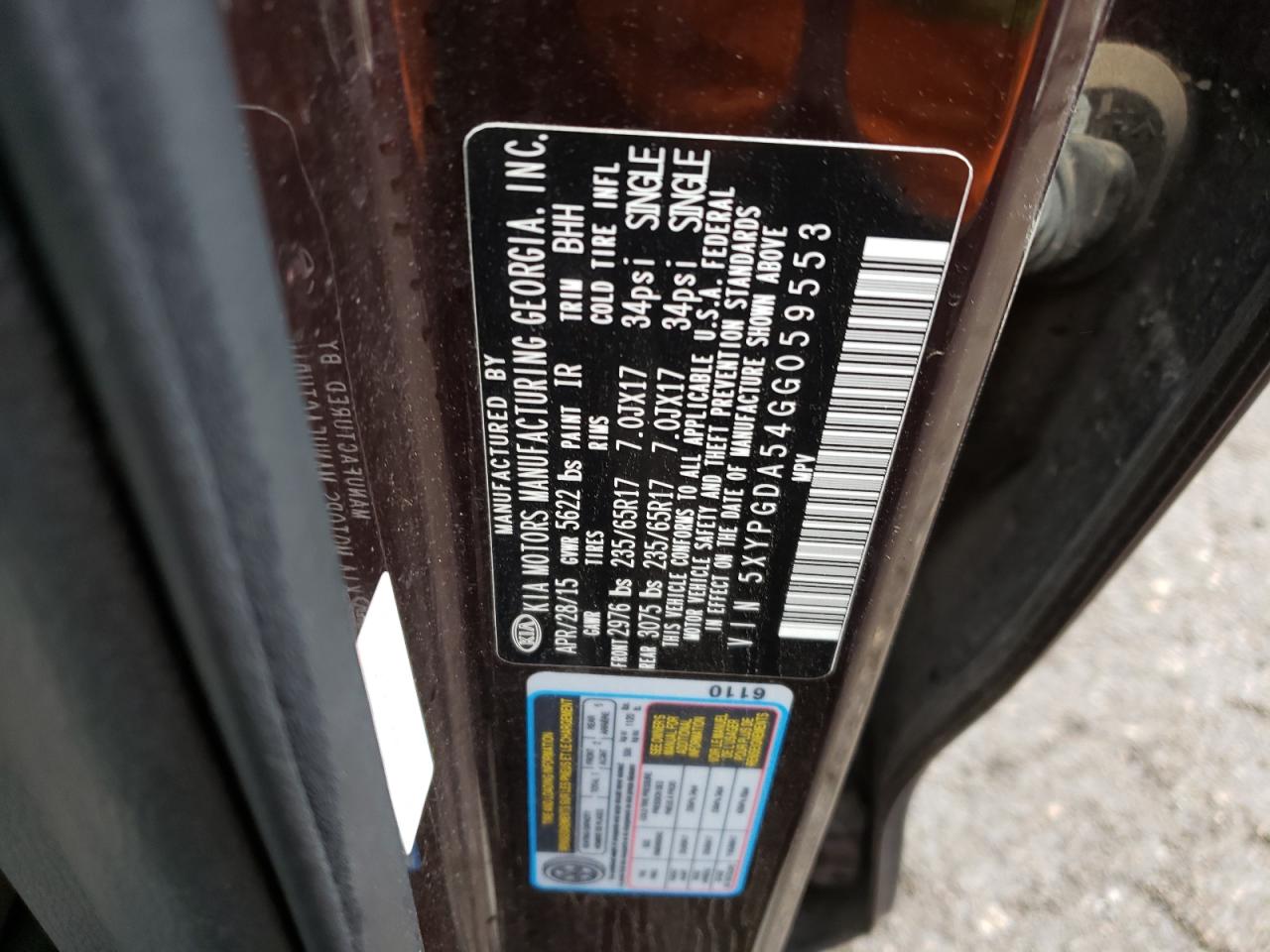 Photo 10 from auction – 2016 KIA SORENTO LX with VIN 5XYPGDA54GG059553