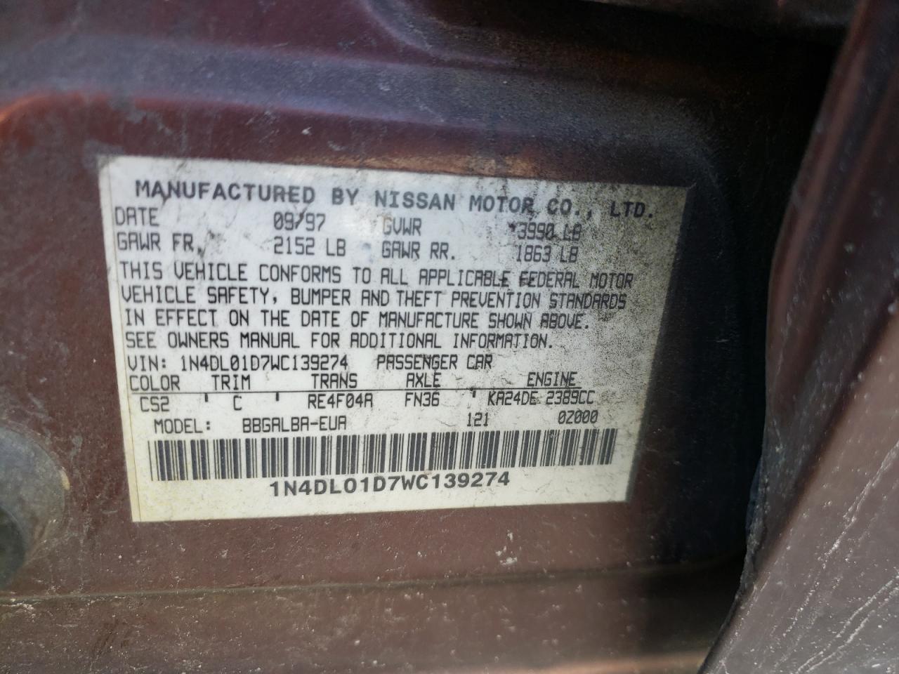 Photo 10 from auction – 1998 NISSAN ALTIMA XE with VIN 1N4DL01D7WC139274
