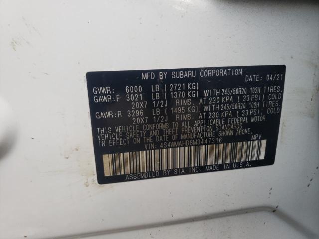 Photo 10 from auction – 2021 SUBARU ASCENT PRE with VIN 4S4WMAHD8M3447316
