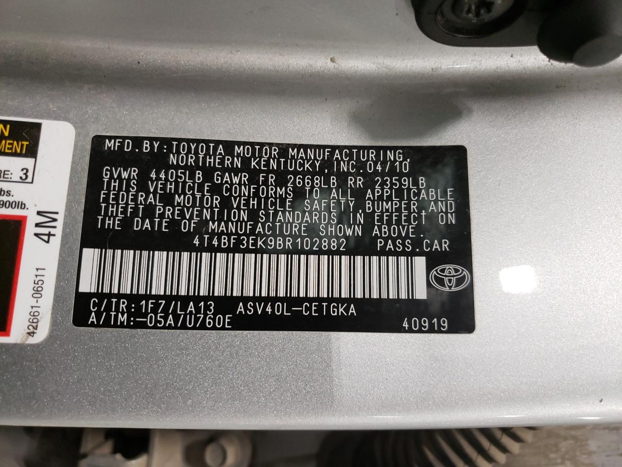 Photo 10 from auction – 2011 TOYOTA CAMRY BASE with VIN 4T4BF3EK9BR102882