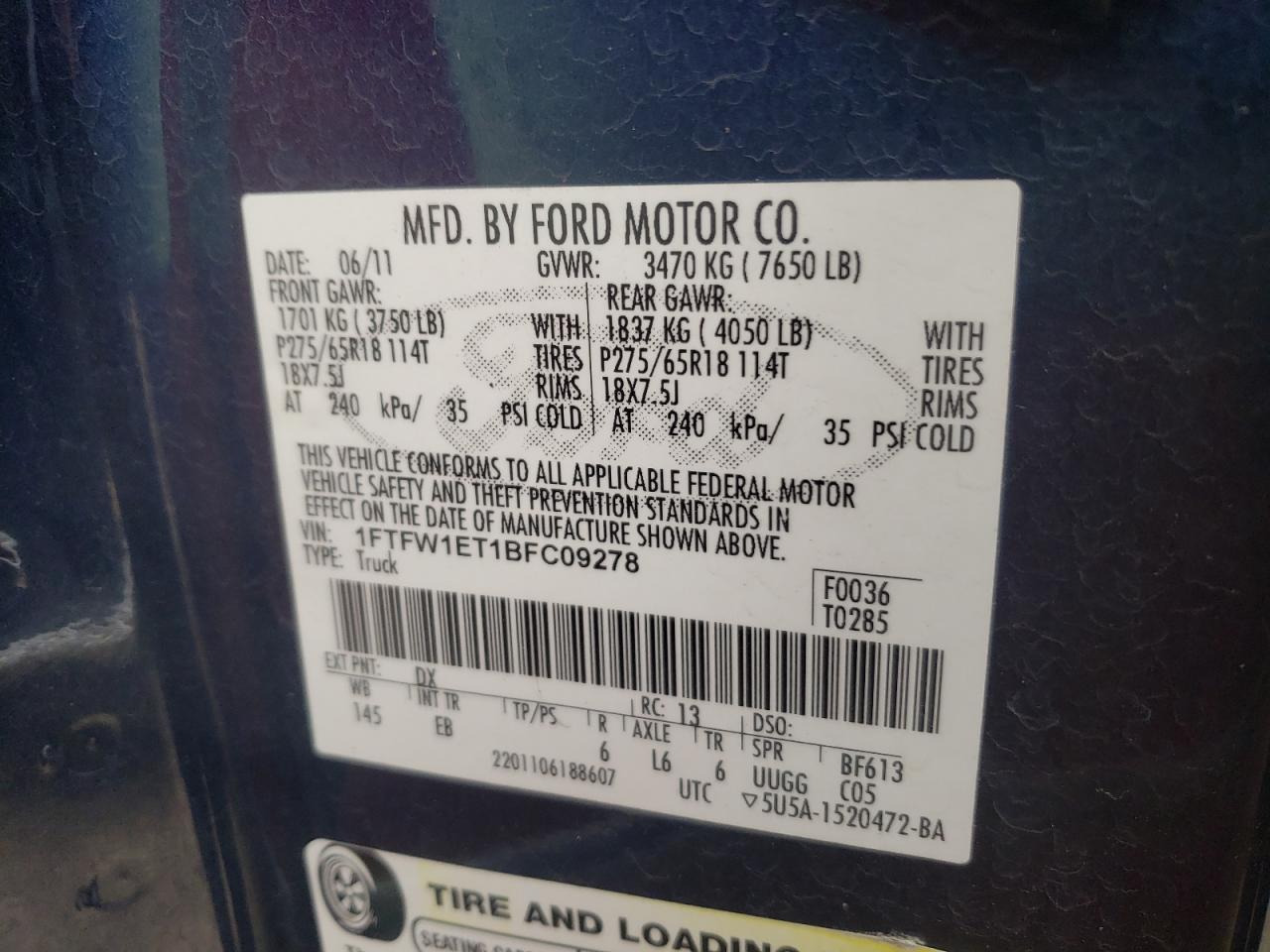 Photo 10 from auction – 2011 FORD F150 SUPER with VIN 1FTFW1ET1BFC09278